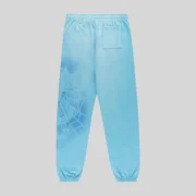 Back view of the Light Blue Sp5der OG Web V2 Spray Sweatpants featuring the iconic signature spider web graphic.