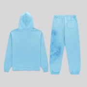 Back view of the Sp5der OG Web V2 Spray Tracksuit in light blue featuring a matching hoodie and web graphic sweatpants.