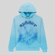 Sp5der OG Web V2 Spray Hoodie in Light Blue featuring an iconic spray web graphic and premium streetwear aesthetic.