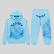 Sp5der OG Web V2 Spray Light Blue tracksuit featuring a cotton fleece hoodie and matching pants with signature graphics.