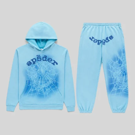 Sp5der OG Web V2 Spray Light Blue tracksuit featuring a cotton fleece hoodie and matching pants with signature graphics.