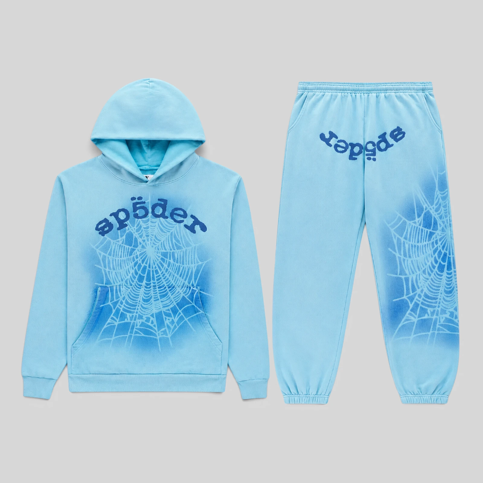 Sp5der OG Web V2 Spray Light Blue tracksuit featuring a cotton fleece hoodie and matching pants with signature graphics.