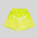 Authentic Sp5der OG Web V2 gradient sweatshorts in acid green color featuring a signature Sp5der logo print on front.