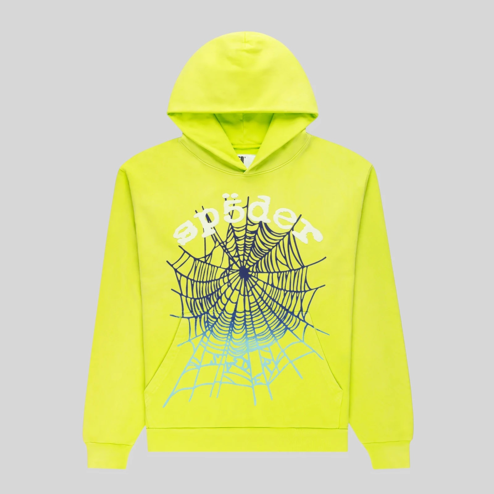 Sp5der Og Web V2 Gradient Hoodie Acid Green Front View Sp5der OG Web V2 Gradient Hoodie in Acid Green featuring a signature front web graphic print for streetwear style.