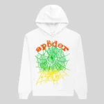 Front view of the white Sp5der OG Web V2 Gradient Hoodie featuring a vibrant green and yellow web graphic design.