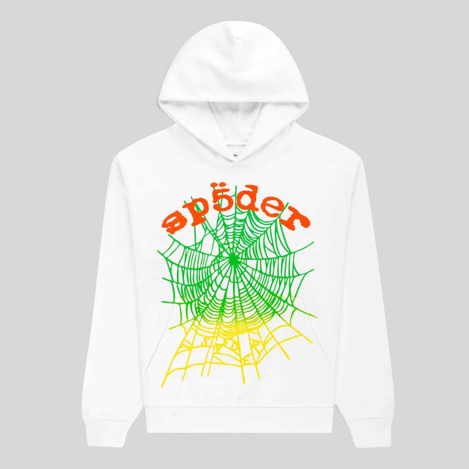 Sp5der Og Web V2 Gradient Hoodie White Front View Front view of the white Sp5der OG Web V2 Gradient Hoodie featuring a vibrant green and yellow web graphic design.