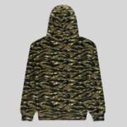 Back view of the Sp5der OG Web V2 hoodie in a distinctive tiger camo pattern made from heavyweight cotton fleece.