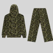 Rear view of the Sp5der OG Web V2 Tiger Camo tracksuit featuring a hooded sweatshirt and matching sweatpants.