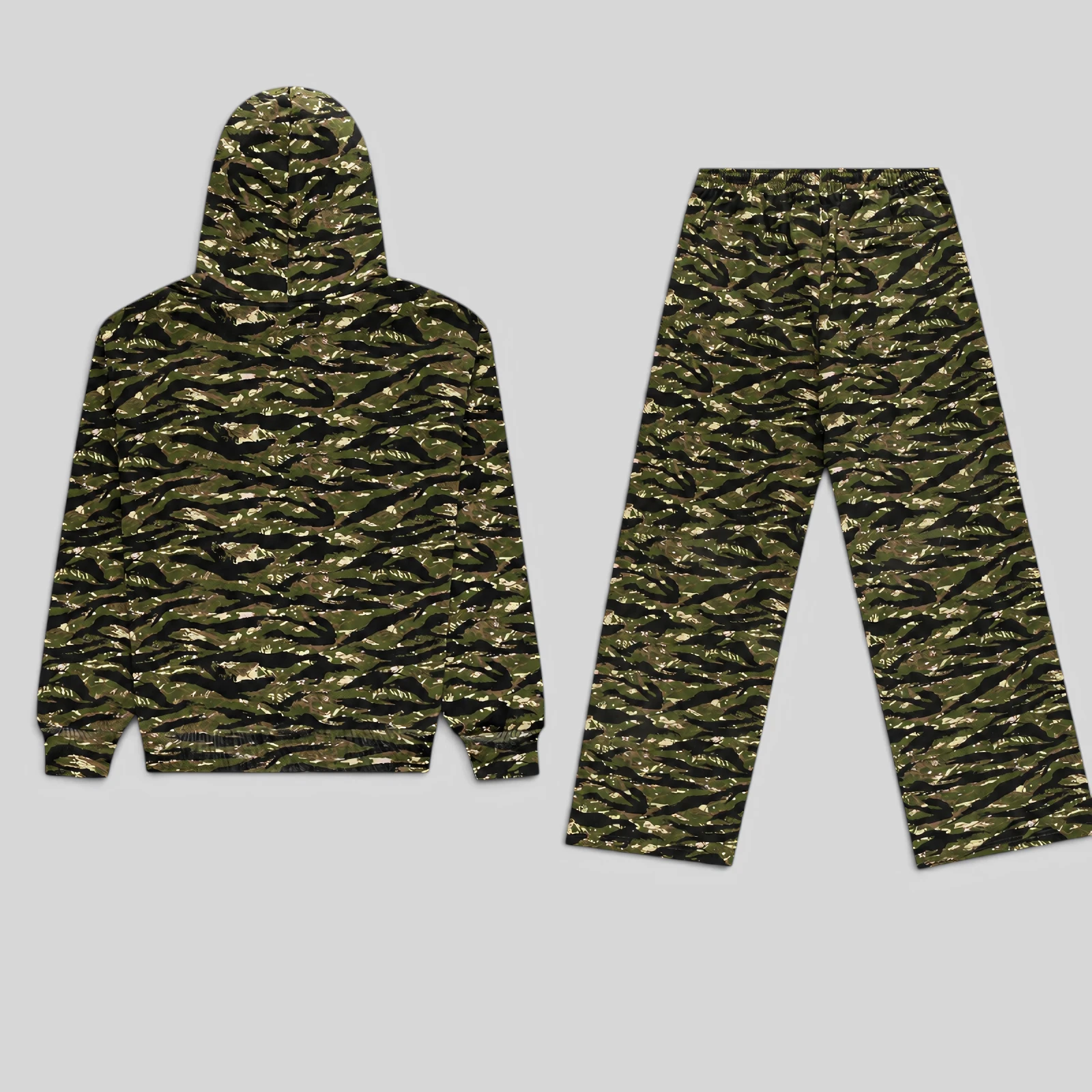 Rear view of the Sp5der OG Web V2 Tiger Camo tracksuit featuring a hooded sweatshirt and matching sweatpants.