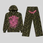 Sp5der OG Web V2 Tracksuit in Tiger Camo featuring matching heavyweight fleece hoodie and sweatpants with pink print.