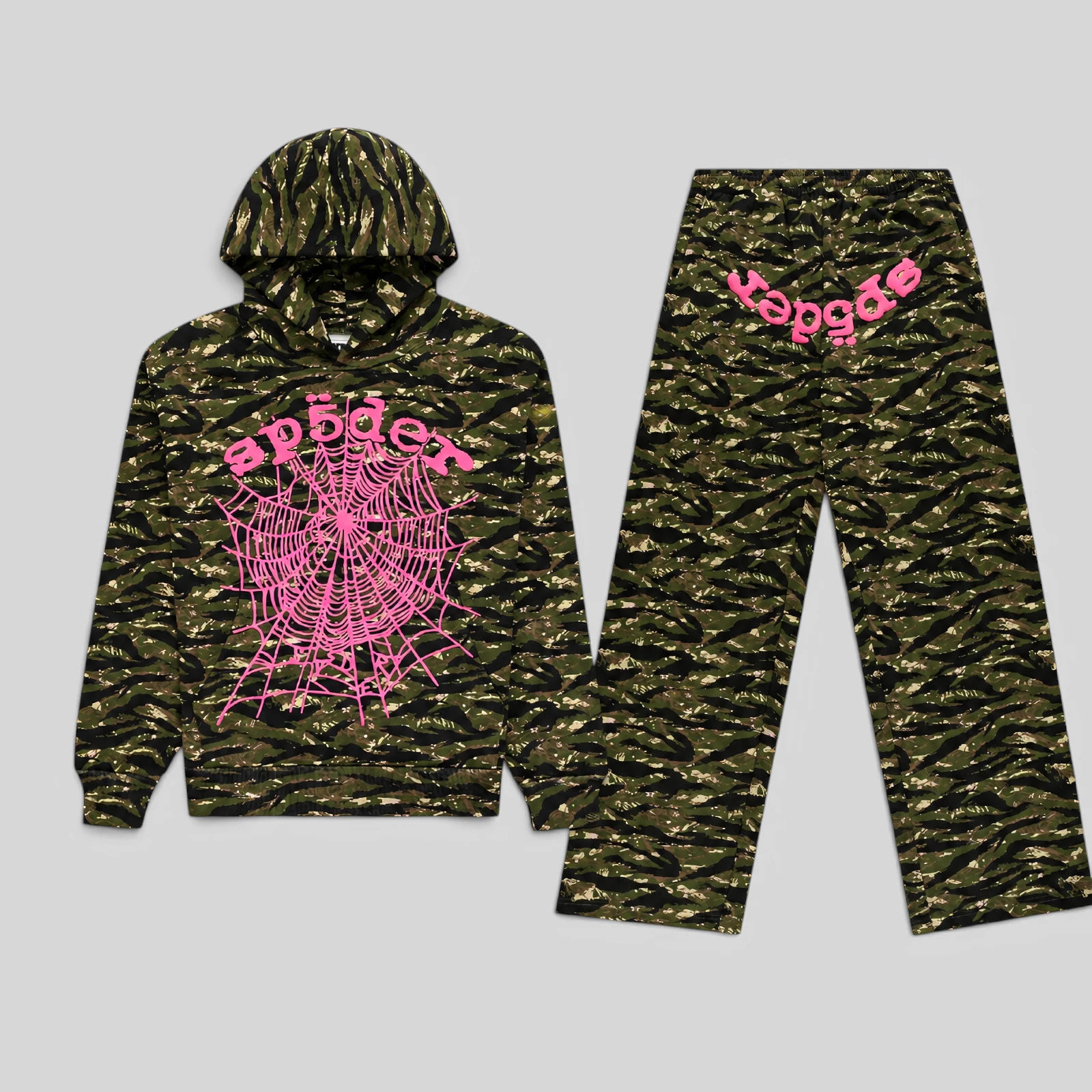 Sp5der OG Web V2 Tracksuit in Tiger Camo featuring matching heavyweight fleece hoodie and sweatpants with pink print.