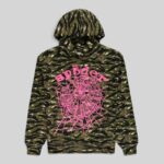Front view of the Sp5der OG Web V2 hoodie in a tactical tiger camo pattern with a pink signature web graphic print.