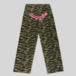 Back view of Sp5der OG Web V2 sweatpants in tiger camo print with signature pink logo lettering on heavy cotton fleece.