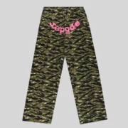 Back view of Sp5der OG Web V2 sweatpants in tiger camo print with signature pink logo lettering on heavy cotton fleece.