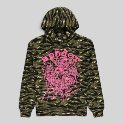 Front view of the Sp5der OG Web V2 hoodie in a tactical tiger camo pattern with a pink signature web graphic print.