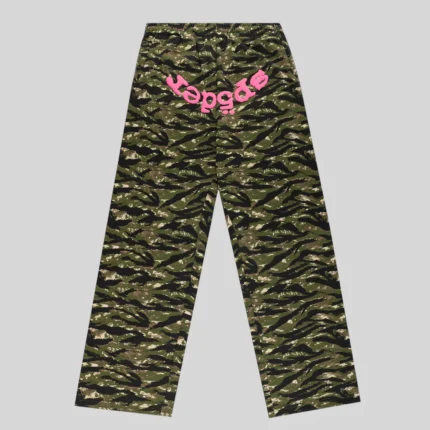 Back view of Sp5der OG Web V2 sweatpants in tiger camo print with signature pink logo lettering on heavy cotton fleece.