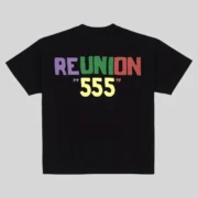 Back view of the black Sp5der Oversized Reunion T-shirt featuring a colorful graphic print with the text REUNION 555.