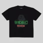 Front view of the Sp5der Oversized Reunion Black Tee featuring a graphic print on premium black cotton jersey fabric.