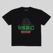 Front view of the Sp5der Oversized Reunion Black Tee featuring a graphic print on premium black cotton jersey fabric.