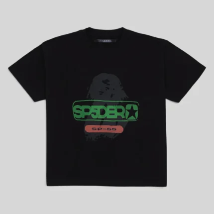 Front view of the Sp5der Oversized Reunion Black Tee featuring a graphic print on premium black cotton jersey fabric.