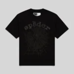 The Sp5der Phantom OG Web V2 Black Tee features a graphic print on the front and is part of the FW25 collection.