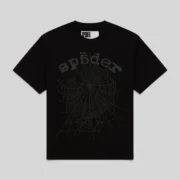 The Sp5der Phantom OG Web V2 Black Tee features a graphic print on the front and is part of the FW25 collection.