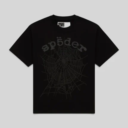 The Sp5der Phantom OG Web V2 Black Tee features a graphic print on the front and is part of the FW25 collection.
