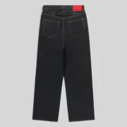 Back view of Sp5der Punk V3 Logo Denim Jeans in Indigo with an adjustable buckle-back cinch and branded leather patch.