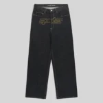 Front view of the Sp5der Punk V3 Logo Indigo Denim Jeans featuring a signature embroidered logo on the crotch area.