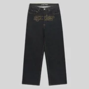 Front view of the Sp5der Punk V3 Logo Indigo Denim Jeans featuring a signature embroidered logo on the crotch area.