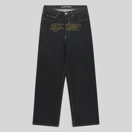 Front view of the Sp5der Punk V3 Logo Indigo Denim Jeans featuring a signature embroidered logo on the crotch area.
