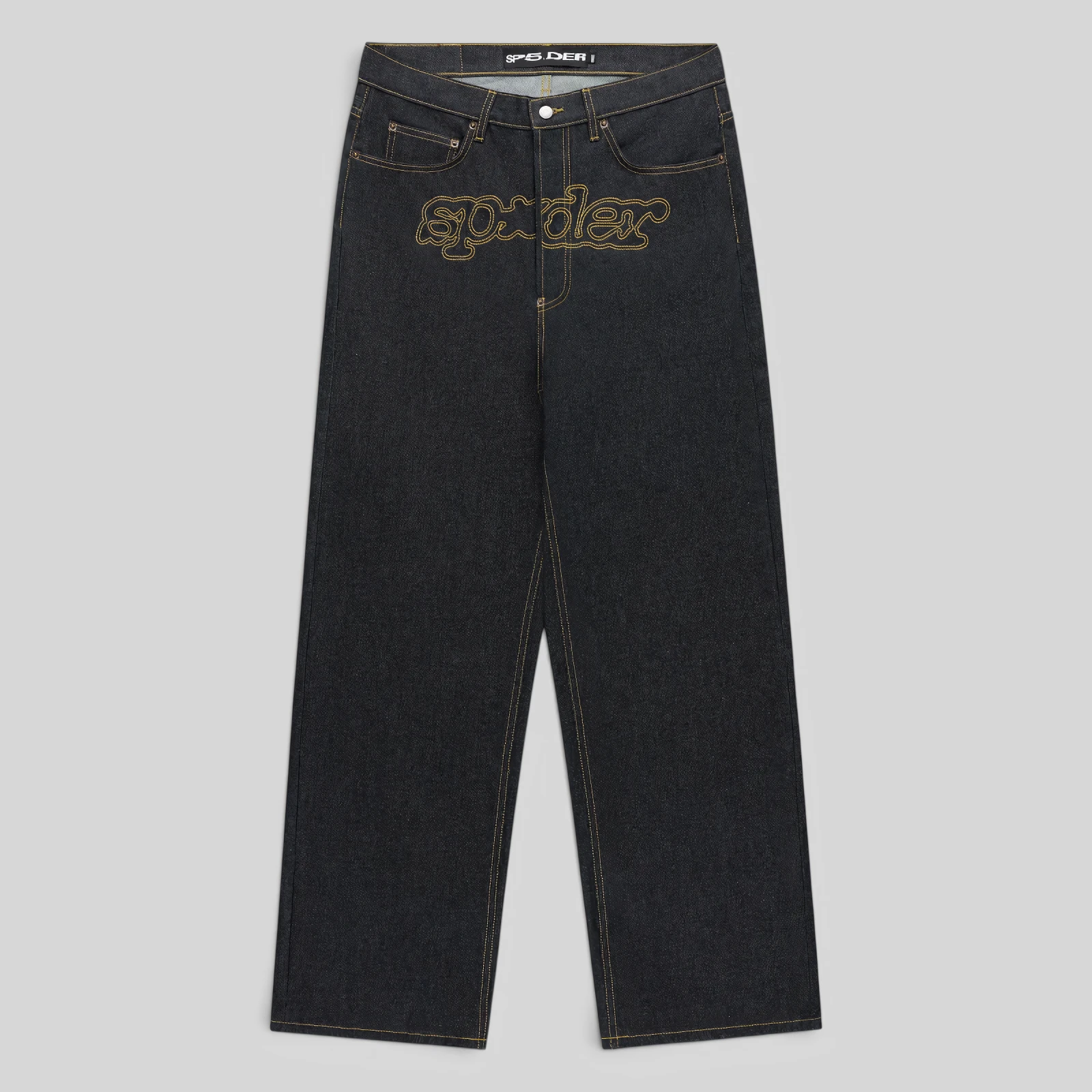Front view of the Sp5der Punk V3 Logo Indigo Denim Jeans featuring a signature embroidered logo on the crotch area.