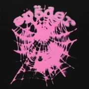 Close up of the Sp5der Scattered OG Web V2 Tee featuring a vibrant pink spider web graphic and rhinestone logo.