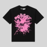 Front view of the black Sp5der Scattered OG Web V2 heavyweight cotton tee with a pink graphic spider web print.