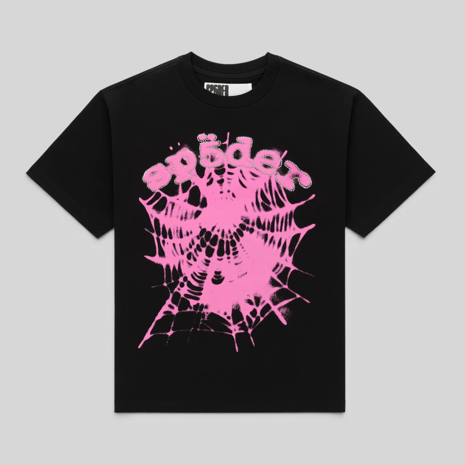 Sp5der Scattered OG Web V2 Black Tee Front View Front view of the black Sp5der Scattered OG Web V2 heavyweight cotton tee with a pink graphic spider web print.