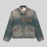 Front view of the Sp5der Script Denim Work Jacket in light wash denim featuring signature frayed script embroidery.