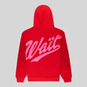 Back view of the Sp5der Stadium Hoodie in red, featuring Wait graphic print and web details on the sleeves.