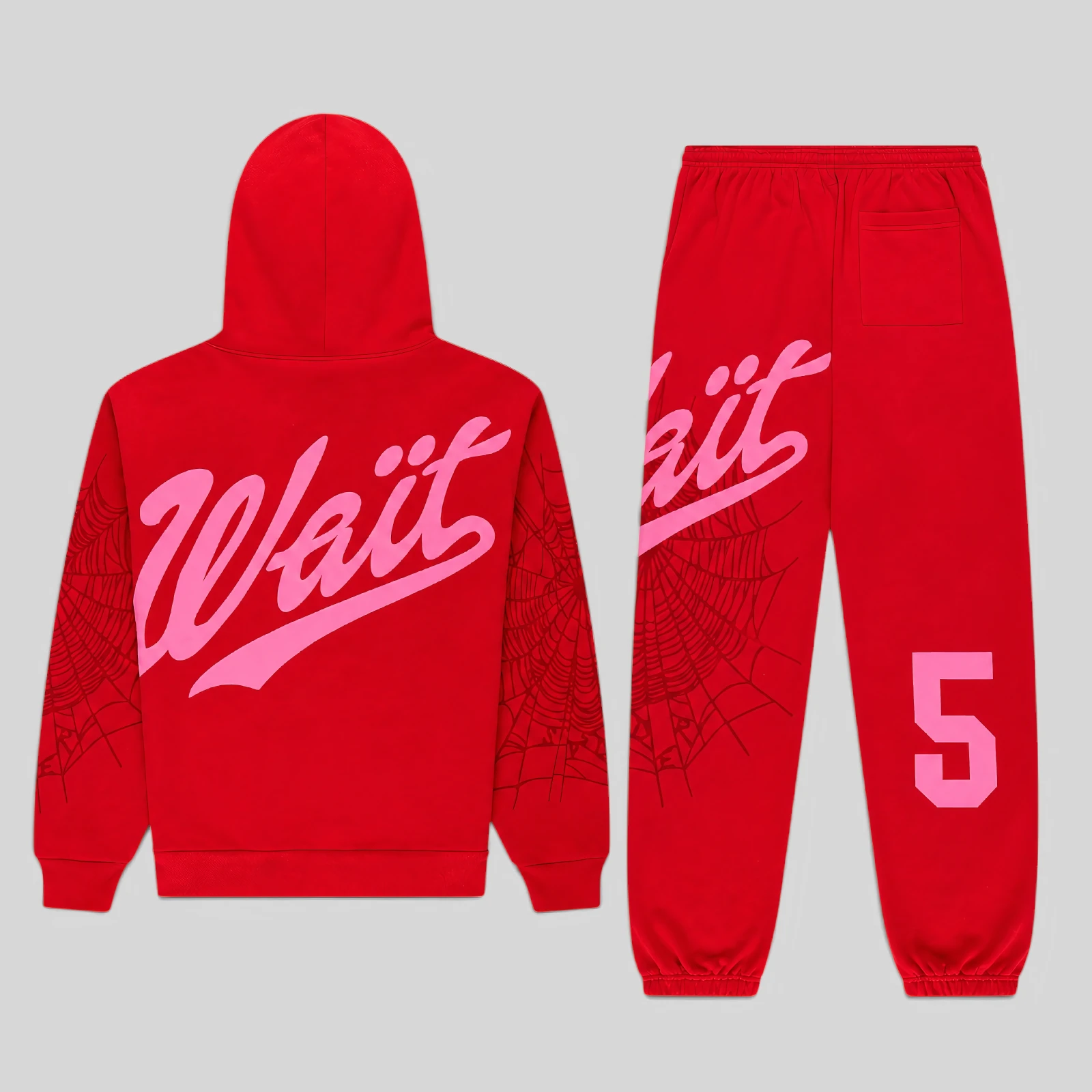 Back view of the Sp5der Stadium Tracksuit in Red featuring signature pink Wait script and web graphic print details.