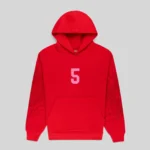 The front view of a vibrant red Sp5der Stadium hoodie made from 13oz cotton fleece, featuring a pink 5 logo print.