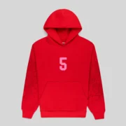 The front view of a vibrant red Sp5der Stadium hoodie made from 13oz cotton fleece, featuring a pink 5 logo print.