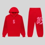 Official Sp5der Stadium Tracksuit in red featuring heavyweight 13oz cotton fleece with signature web graphic prints.