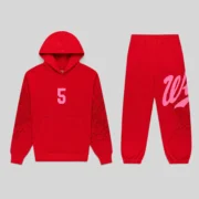 Official Sp5der Stadium Tracksuit in red featuring heavyweight 13oz cotton fleece with signature web graphic prints.