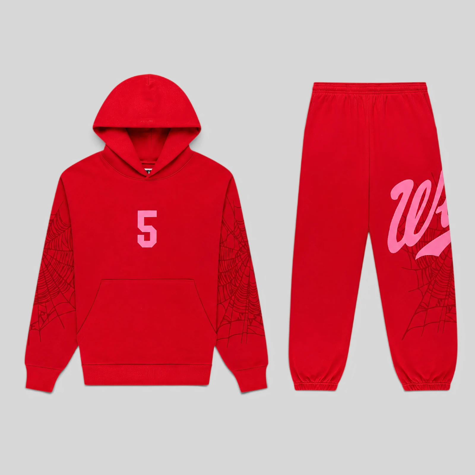 Official Sp5der Stadium Tracksuit in red featuring heavyweight 13oz cotton fleece with signature web graphic prints.