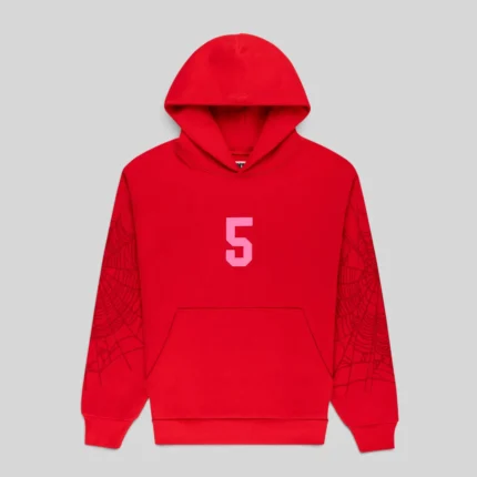 The front view of a vibrant red Sp5der Stadium hoodie made from 13oz cotton fleece, featuring a pink 5 logo print.