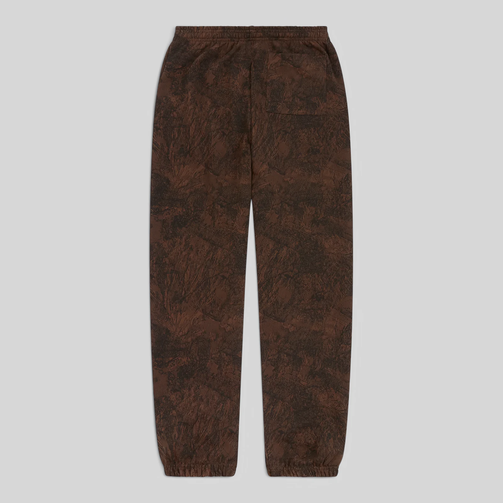 Back view of Sp5der T&F Tree Camo sweatpants in brown, featuring a 13oz cotton fleece construction and tapered fit.
