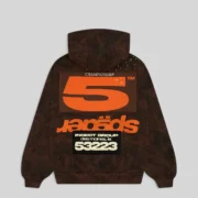 Back view of the Sp5der T&F Tree Camo Hoodie in brown featuring a large orange 5 print and graphic detail.
