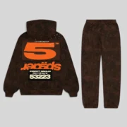 Back view of the Brown Sp5der T&F Tree Camo Tracksuit featuring signature graphics and heavyweight cotton fleece.