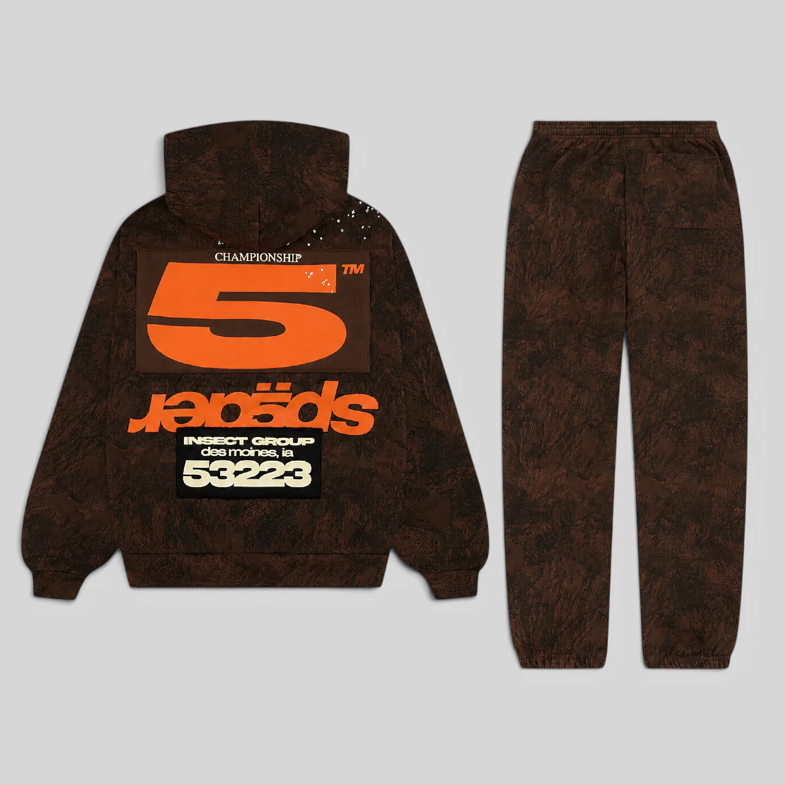 Back view of the Brown Sp5der T&F Tree Camo Tracksuit featuring signature graphics and heavyweight cotton fleece.