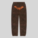 Sp5der T&F Tree Camo Sweatpants in Brown featuring a signature orange graphic print on premium 13oz cotton fleece.