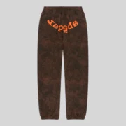 Sp5der T&F Tree Camo Sweatpants in Brown featuring a signature orange graphic print on premium 13oz cotton fleece.